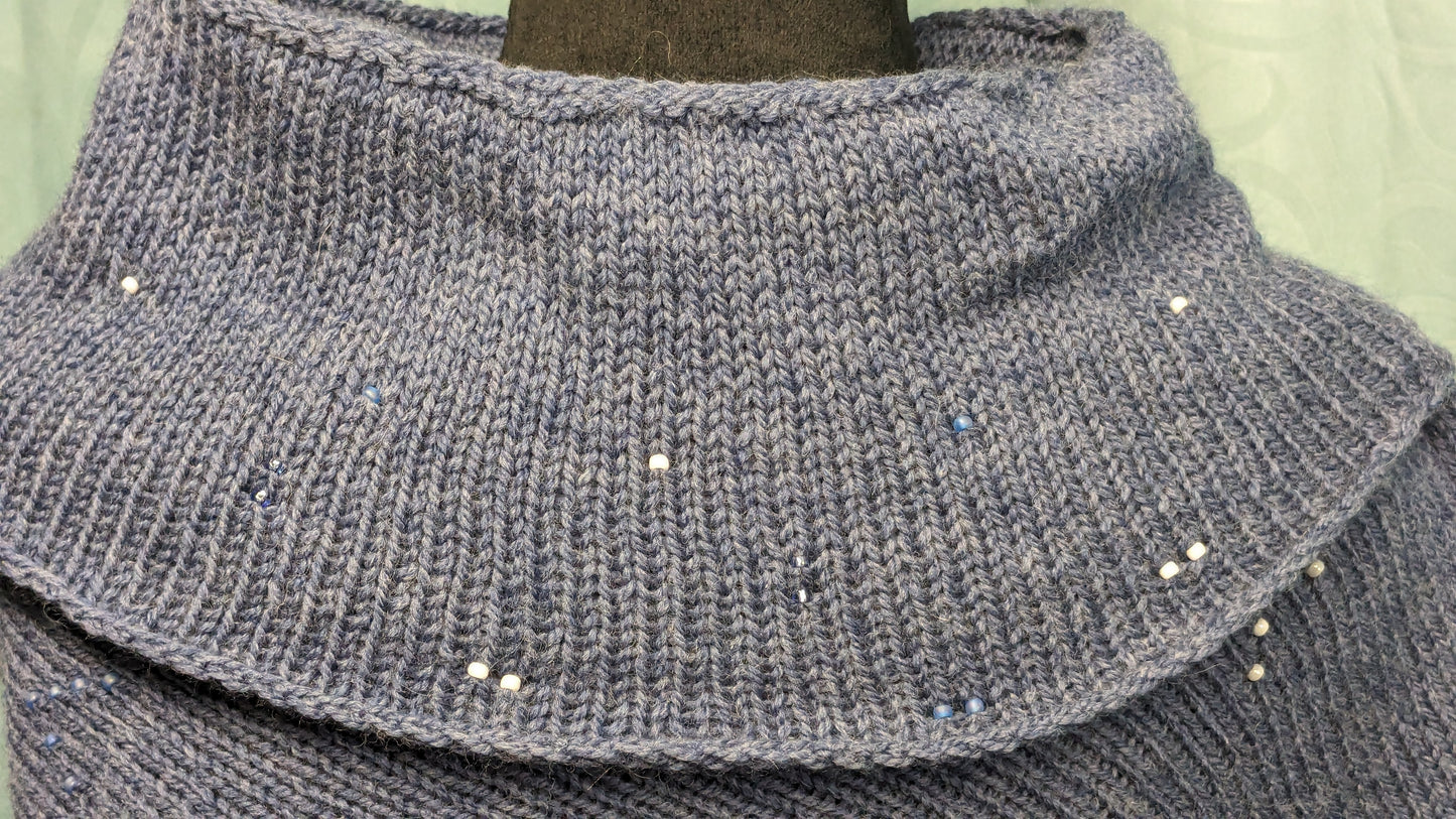 Cerulean Blue Turtleneck Poncho with Bead Embellishment