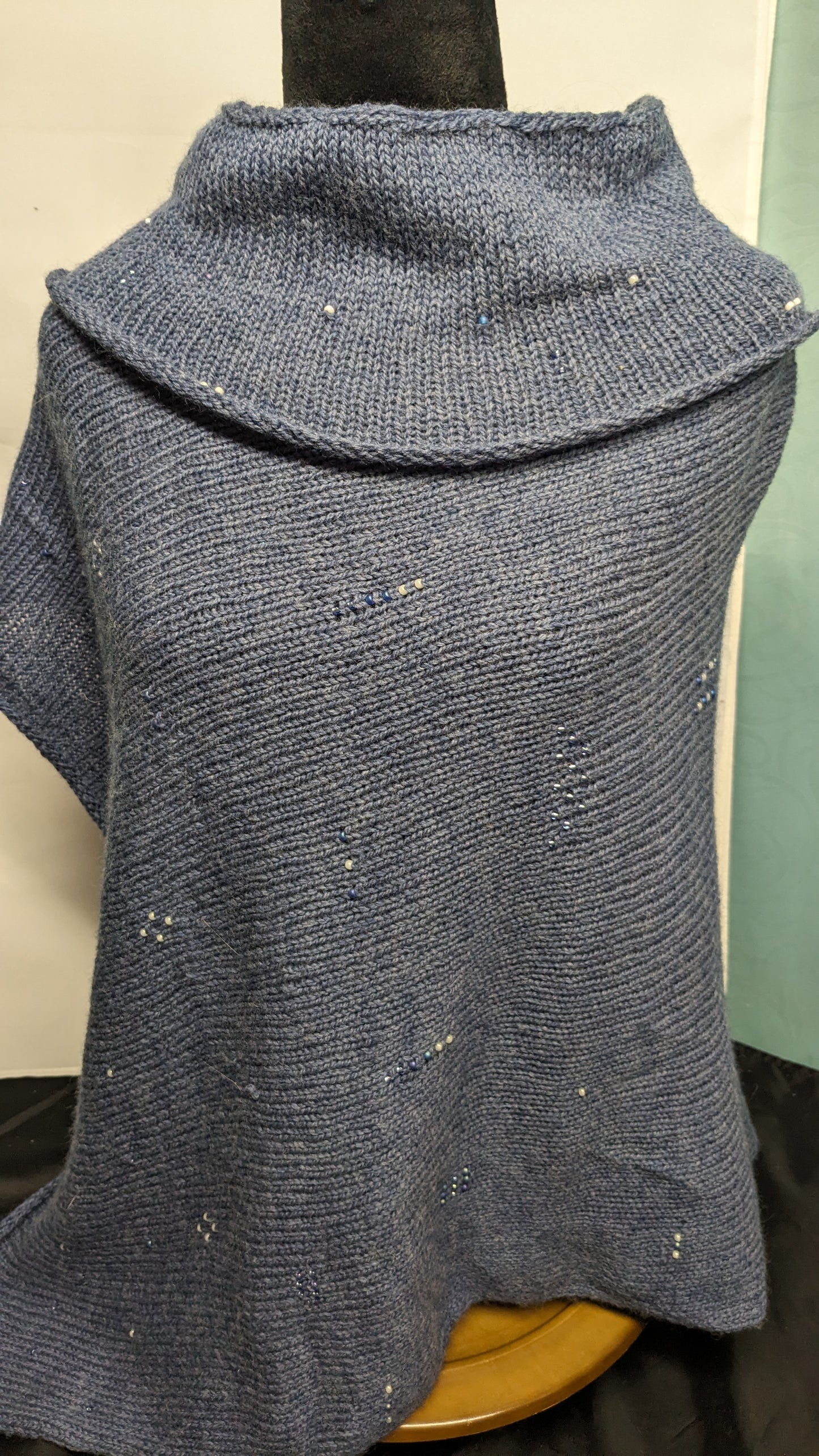 Cerulean Blue Turtleneck Poncho with Bead Embellishment