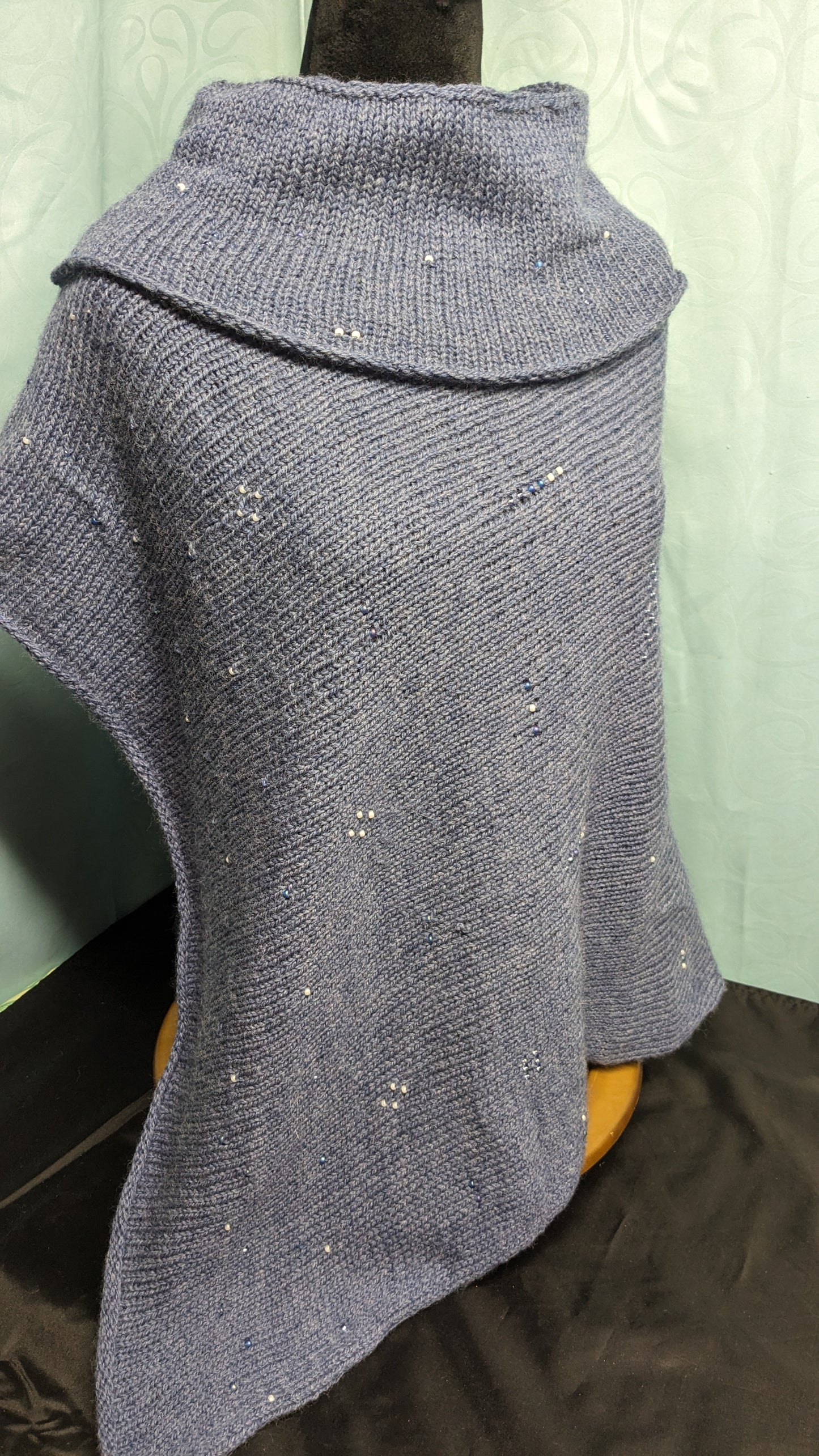 Cerulean Blue Turtleneck Poncho with Bead Embellishment